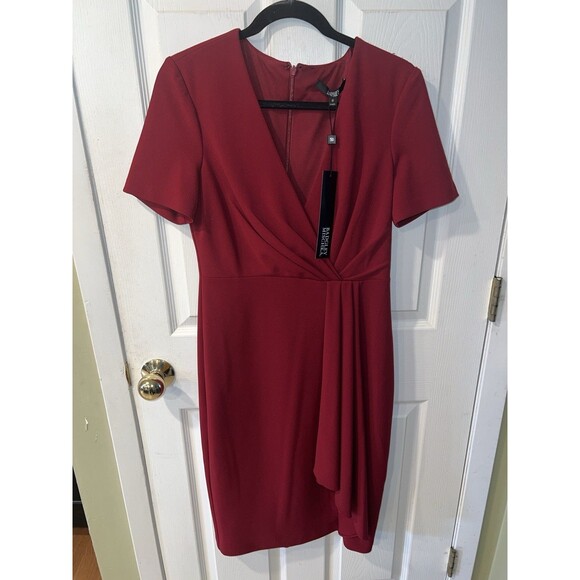 Badgley Mischka Dress 6 Womens Ruby Red Ruched Pleated Drape Sheath Career New - Picture 12 of 13
